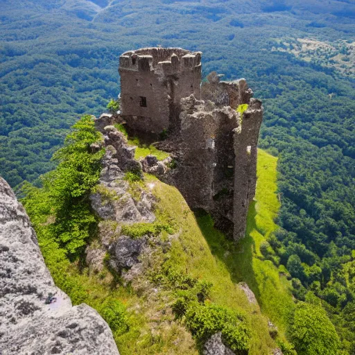 Image similar to photograph, a ruined castle on top of a big mountain, the photo was taken from very far away below the castke looking up at it, exteme far up, ultra high detail, 8 k