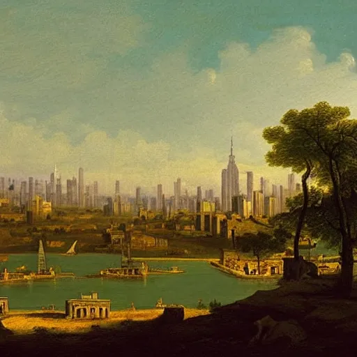 Image similar to New York City in 1750,viewed by a soldier, in the style of the Hudson River School