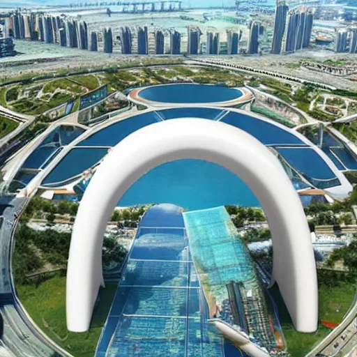 Image similar to giant toilet arch vis of dubai city of the future named toilet land