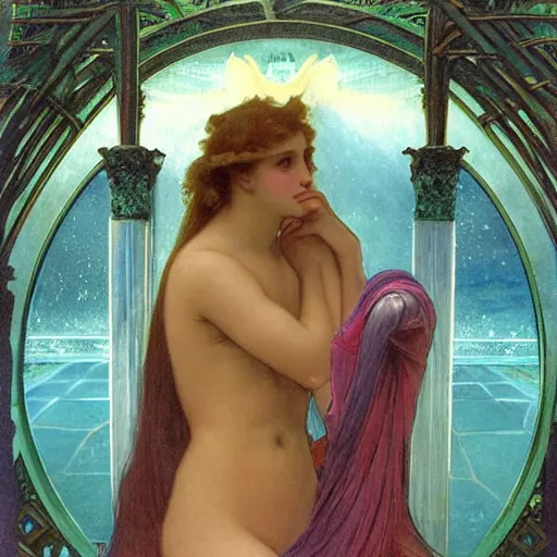 Image similar to Demon Girl at the palace, refracted sparkles, thunderstorm, greek pool, beach and Tropical vegetation on the background major arcana sky, by paul delaroche, alphonse mucha and arnold böcklin, hyperrealistic 8k, award-winning, very very very detailed