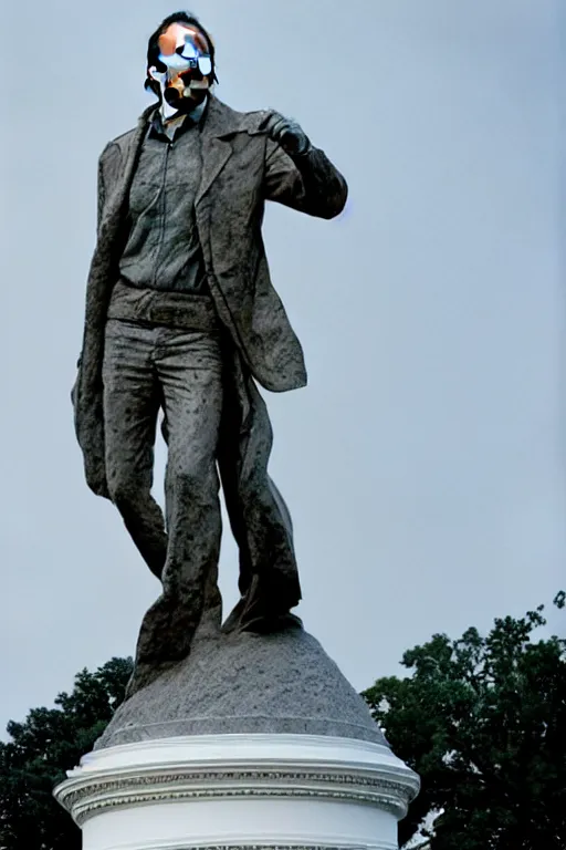 Image similar to A beautiful stone statue of Nicholas Cage in front of the White House, photo by Steve McCurry, heroic pose, detailed, smooth