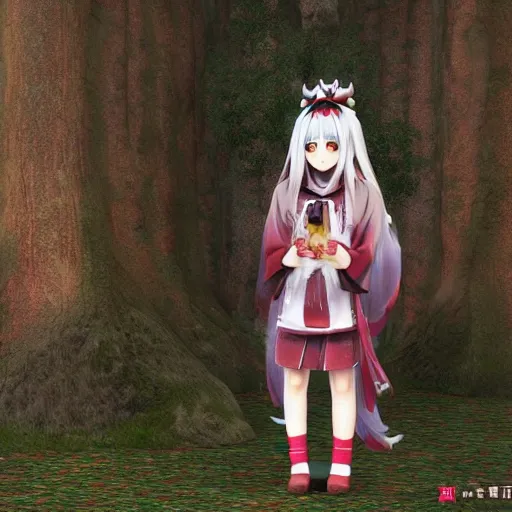 Image similar to cute wolf priestess of the forest temple, canine shrine maiden, anime girl, vray