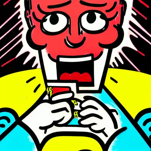 Image similar to pop art of someone taking a selfie smiling during the apocalypse, bright neon colors, intricate details, complementary colors, detailed face, backlighting, octane render, depth of field, extremely detailed, trending in artstation, focus on face, sharp focus, radiant light, beautiful composition, drawn by roy lichtenstein, keith haring, romero britto