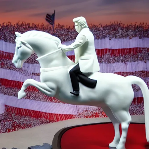 Image similar to Donald Trump riding a white horse, wide lens, diorama, 4k,