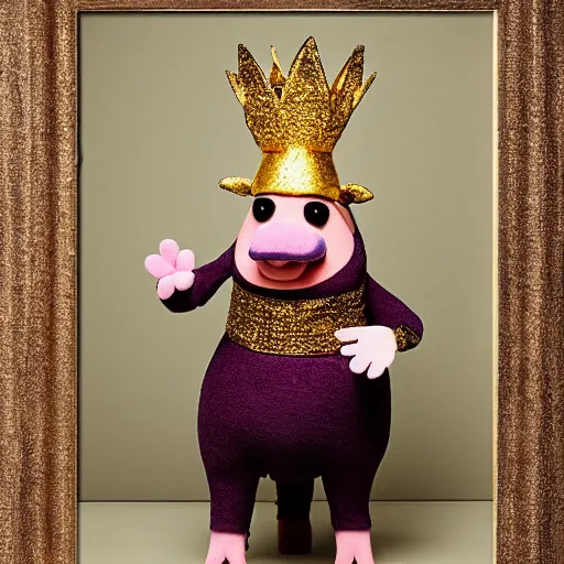 Image similar to studio photograph of a happy pig wearing a gold crown depicted as a muppet standing full body