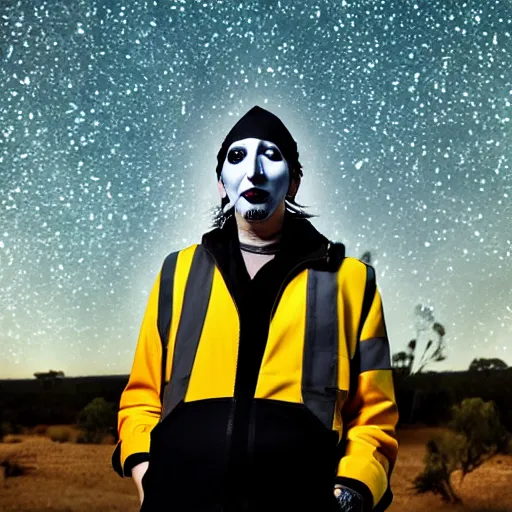 Prompt: Marilyn Manson, wearing hi vis clothing, in the Australian outback, portrait photography, bokeh, depth of field, 4k