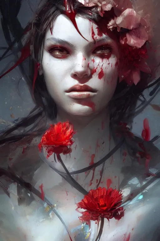 Image similar to abstract face closeup of beautiful girl predator covered with blood, 3 d render, hyper realistic detailed portrait, holding magic flowers, ruan jia, wlop. scifi, fantasy, hyper detailed, octane render, concept art, by peter mohrbacher, by wlop, by ruan jia