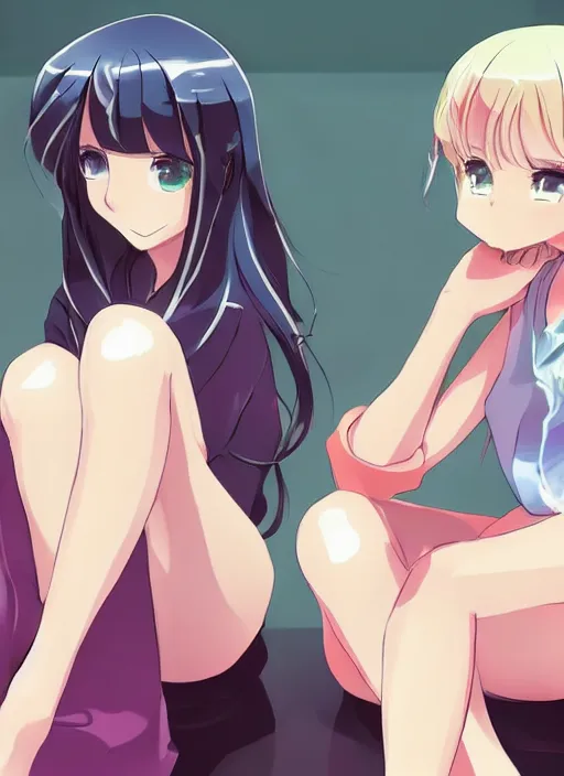 Image similar to two beautiful mothers sitting across from each other, summer clothes, gorgeous faces, thick lines, cinematic lighting, detailed anime art