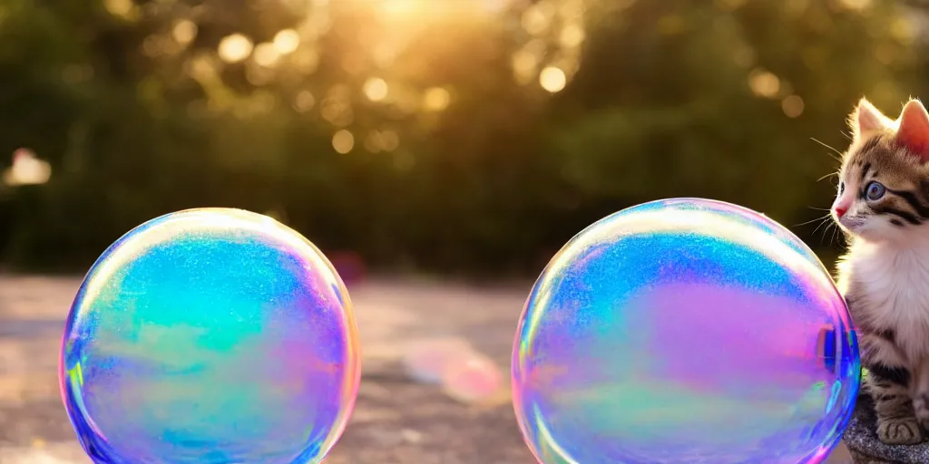 Image similar to an adorable kitten stuck inside of a giant iridescent floating soap bubble, bokeh, golden hour, back yard, golden hour