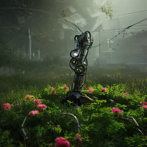 Prompt: a robotic mechanical human arm sticking out of the earth, covered in flowers and vines. post apocalyptic. rays of light shinning down, dust specks, unreal engine