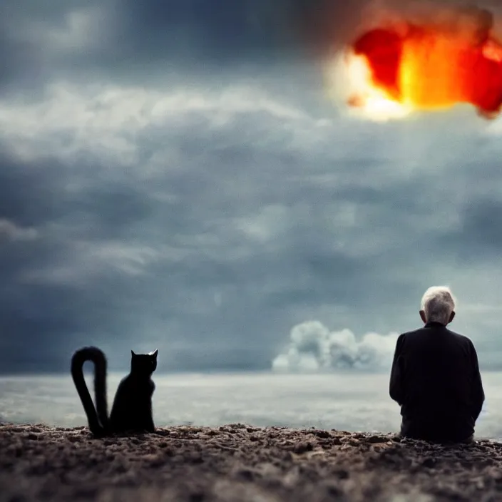 Prompt: cinematic movie close up shot, background blur bokeh, old man sitting with black cat watching nuke explosion close up!, world ending nuke, 4 k