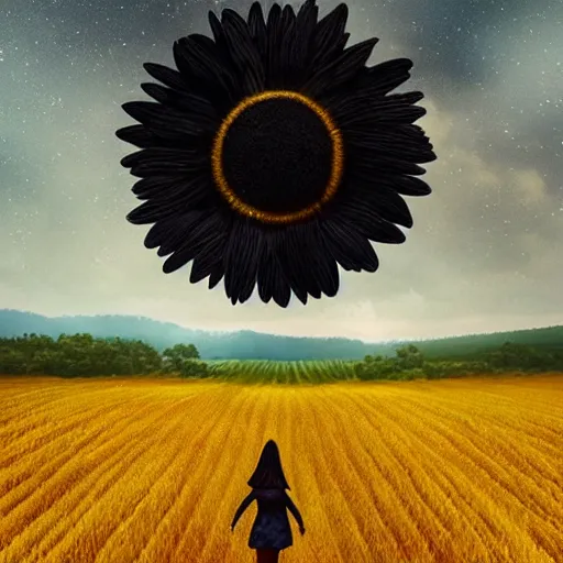 Prompt: giant black daisy flower as a face, girl walking in wheat field, hills, surreal photography, dark night, star trails, dramatic light, impressionist painting, clouds, digital painting, artstation, simon stalenhag