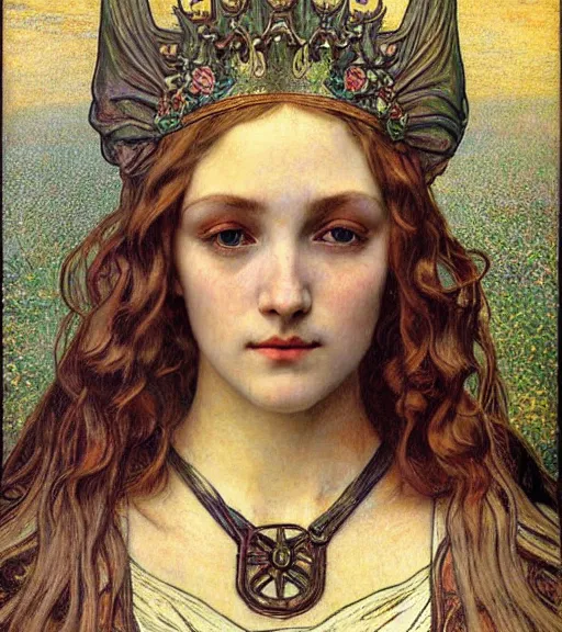 Image similar to detailed realistic beautiful young medieval queen face portrait by jean delville, alphonse mucha, vincent van gogh, and marco mazzoni, art nouveau, symbolist, visionary, gothic, pre - raphaelite