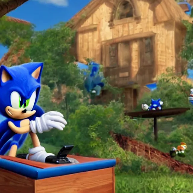 Image similar to still of sonic playing videogames in sonic the hegdehog movie