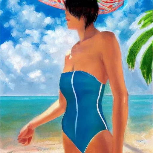 Image similar to perfect, realistic oil painting of close-up japanese woman in racing one-piece swimsuit, at sand beach with palms, by an American professional senior artist, Hollywood concept, dynamic composition and motion