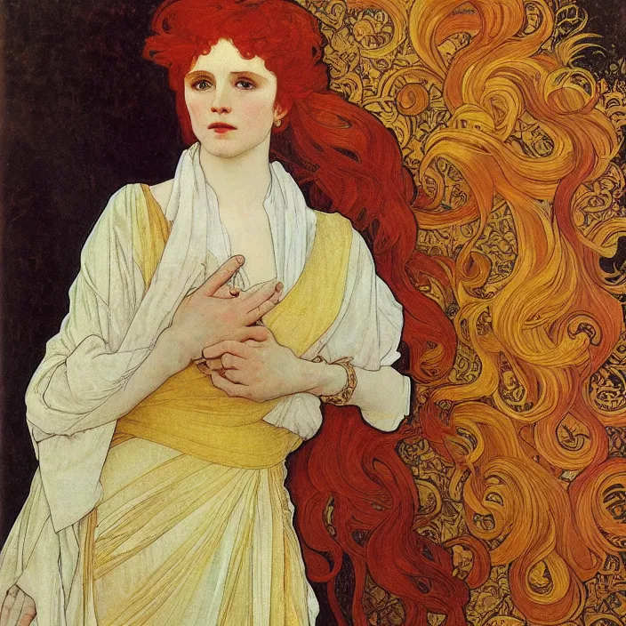 Prompt: A portrait of red-haired Shanks, full-length, oil painting in a renaissance style , very detailed, gold background, painted by Alphonse Mucha.