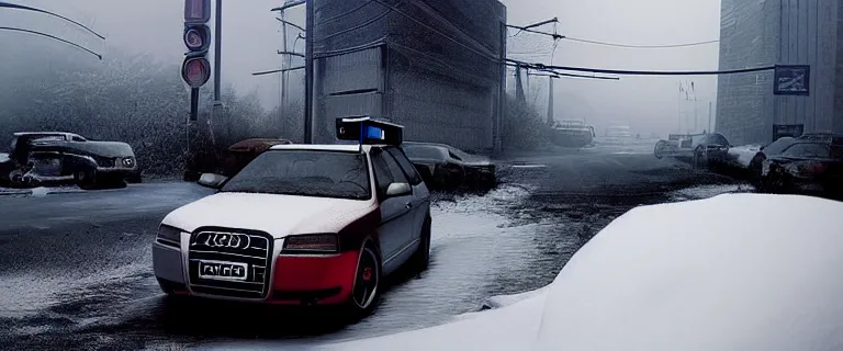 Prompt: Audi A4 B6 Avant (2002), a gritty neo-noir, dramatic lighting, cinematic, eerie person, death, homicide, homicide in the snow, gunshots, establishing shot, extremely high detail, photorealistic, red mist, red fog, chaos, arson, burning city, cinematic lighting, artstation, by simon stalenhag, Max Payne (PC) (2001) winter New York at night, In the style of Max Payne 1 graphic novel, flashing lights, Poets of the Fall - Late Goodbye