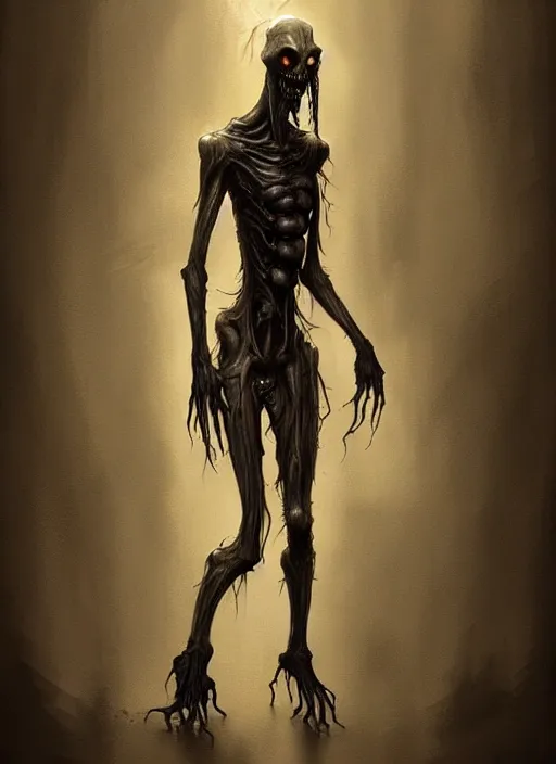 Image similar to creepy pale moster with incredibly long fingers, very long arms, translucent slimy skin, wet, veiny, character concept art, dramatic lighting, highly stylized, trending on artstation