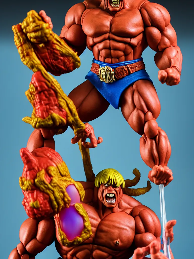 Image similar to hyperrealistic rendering, he - man by art of skinner and richard corben and jeff easley, product photography, action figure, sofubi, studio lighting, colored gels