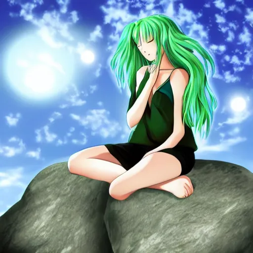 Image similar to anime girl with green hair, meditating on a rock, digital art,