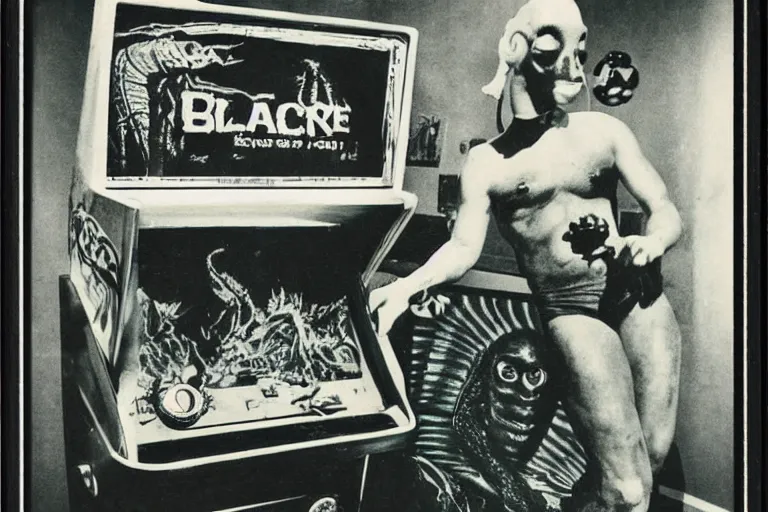 Image similar to vintage pinball machine, creature from the black lagoon, polaroid photo