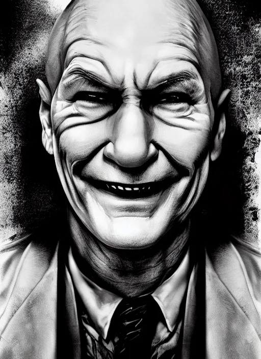Image similar to photo of Patrick Stewart as the Joker by Lee Jeffries, horror, big smile, detailed, award winning, Sony a7R, trending on artstation