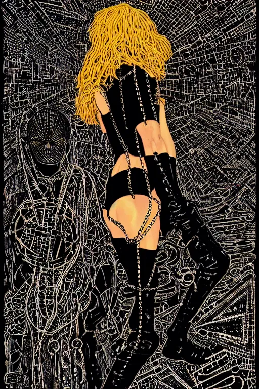 Prompt: dreamy rock girl with beautiful body, black leather and chains, detailed acrylic, heavy metal, intricate complexity, by dan mumford and by alberto giacometti, peter lindbergh, malevich, william stout