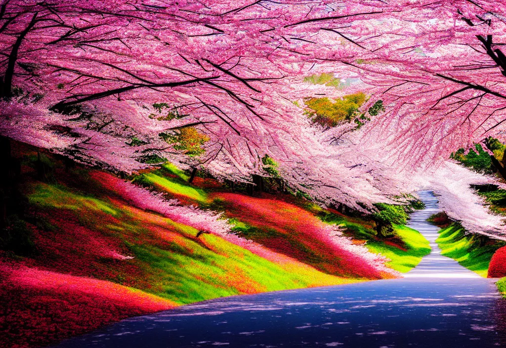 Image similar to a real photographic landscape painting with incomparable reality, wide angle, in forest, flowers, cherry blossom tree in full bloom, bright style, mount fuji, clearing, magnificent, artstation