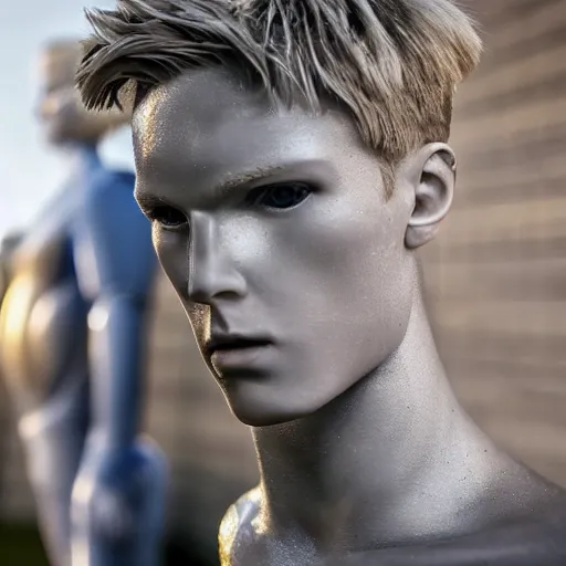 Image similar to a realistic detailed photo of a guy who is an attractive humanoid who is half robot and half humanoid, who is a male android, soccer player martin ødegaard, shiny skin, posing like a statue, blank stare, by the pool, on display, showing off his muscles, humanoid robot, frozen ice statue