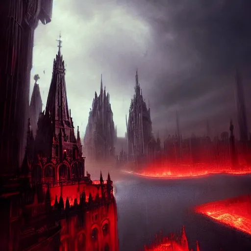 Image similar to beautiful fantasy city made from black stone and red iron, medieval city, metropolis, dark gorgeous clouds, black marble, lava, digital art, landscape, fantasy art, octane render, unreal engine, high detail, very realistic, horror, thick red fog, by greg rutkowski. by james gurney