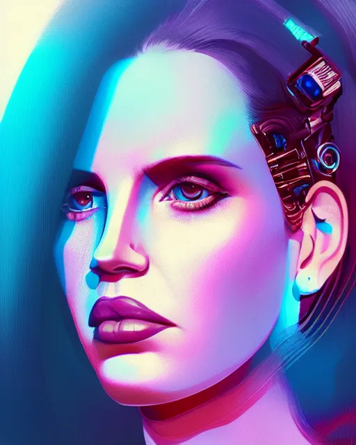 Image similar to portrait of lana del rey as a cyborg. intricate abstract. key art. blue, pink, intricate artwork. by tooth wu, wlop, beeple, dan mumford. 8 k octane render, trending on artstation, greg rutkowski very coherent symmetrical artwork. cinematic, hyperrealism, very detailed, iridescent accents