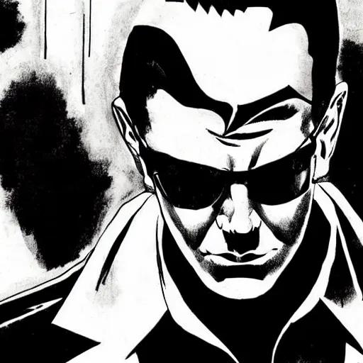 Image similar to a mafia boss with slicked back hair, in a cyberpunk setting, comic book art, art by stan lee, pen drawing, inked, black and white, dark, moody, dramatic, deep shadows, marvel comics, dc comics