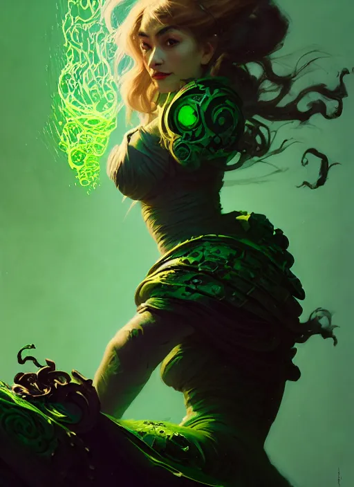 Prompt: side profile, imogen poots, corrupted armor, gloomhaven, luminescent, falling down through endless haunted green swirling souls, evil inky swirly ripples, sickly green colors, by greg manchess, huang guangjian, gil elvgren, sachin teng, greg rutkowski, jesper ejsing, ilya kuvshinov