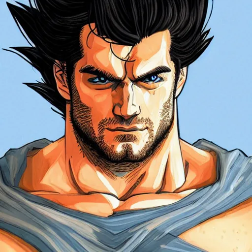 Image similar to henry cavill as goku, au naturel, hyper detailed, digital art, trending in artstation, cinematic lighting, studio quality, smooth render, unreal engine 5 rendered, octane rendered, art style by klimt and nixeu and ian sprigger and wlop and krenz cushart