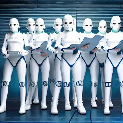 Prompt: troop of very short cloned women with white bob hairdos, tight light blue space trooper suits, standing next to tall scientist looking at a clipboard, futuristic cloning facility, sci - fi, highly detailed, cinematic