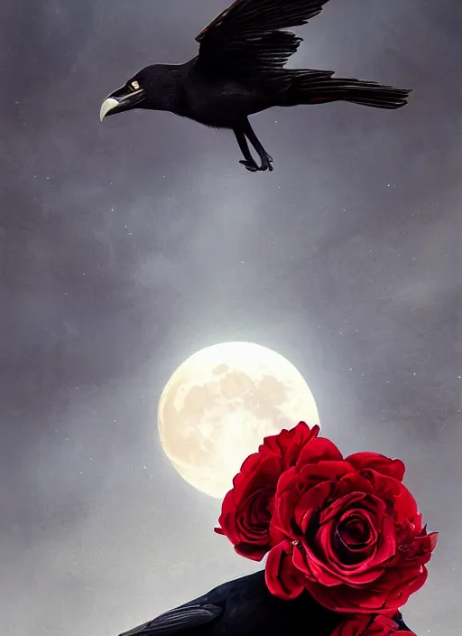 Prompt: portrait, a crow with red eyes in front of the full big moon, book cover, many red roses, red white black colors, establishing shot, extremly high detail, foto realistic, cinematic lighting, by Yoshitaka Amano, Ruan Jia, Kentaro Miura, Artgerm, post processed, concept art, artstation, raphael lacoste, alex ross, portrait, A crow with red eyes in front of the full big moon, book cover, red roses, red white black colors, establishing shot, extremly high detail, foto realistic, cinematic lighting, by Yoshitaka Amano, Ruan Jia, Kentaro Miura, Artgerm, post processed, concept art, artstation, raphael lacoste, alex ross