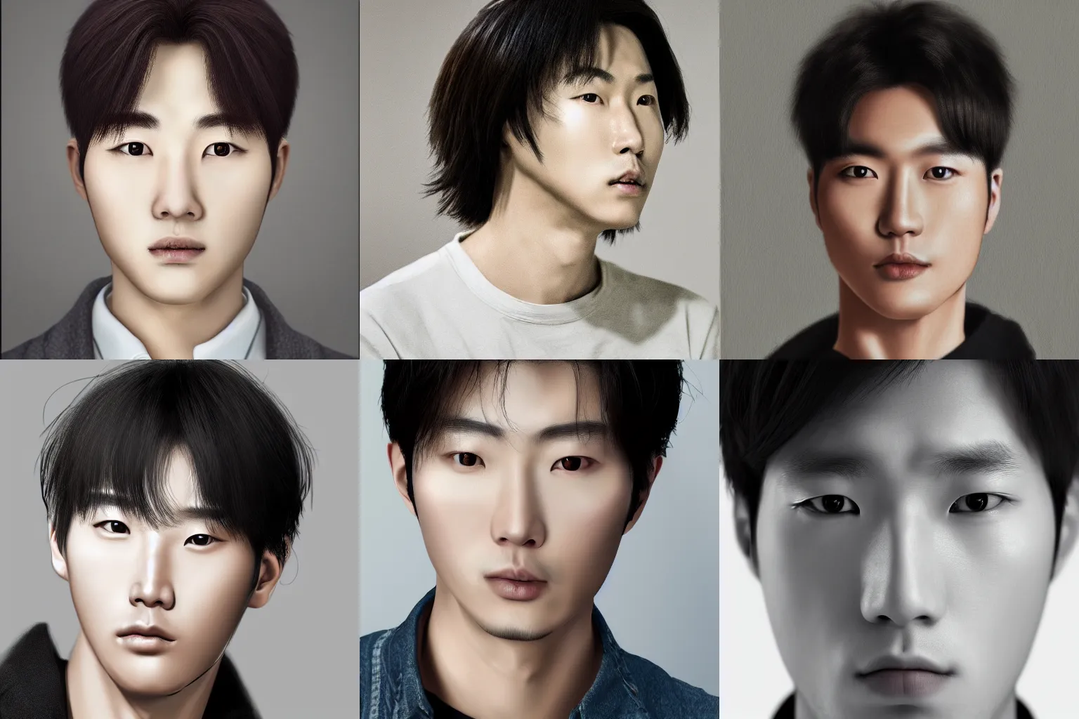 Prompt: realistic portrait of a handsome Korean man, neutral expression, closeup, long hair, 4k