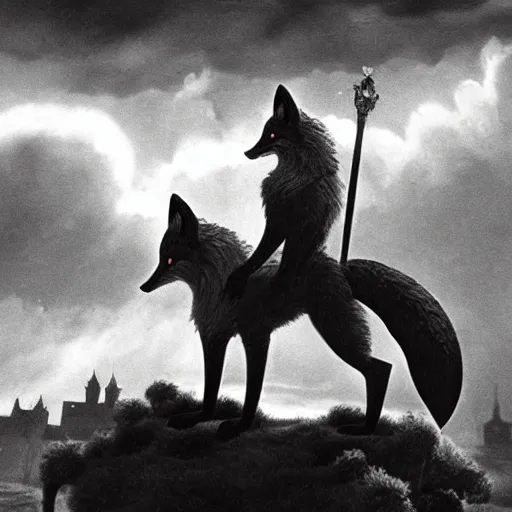 Prompt: anthropomorphic fox!! who is a medieval knight holding a swo - rd towards a stormy thundercloud [ 1 9 3 0 s film still ], ( giant fantasy castle in the background )