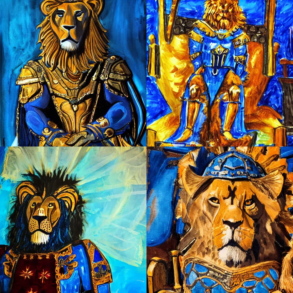 Prompt: close up of muscular lion in blue medieval armor on a throne, backlight , expressionism painting