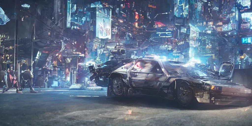 Image similar to a cyberpunk delorean breaking the space - time continuum, energy and time particles, dramatic framing, movie footage, 8 k