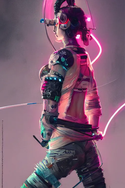 Image similar to female archer, cyberpunk futuristic neon. fencing, long sword in her hand, decorated with traditional japanese ornaments by ismail inceoglu dragan bibin hans thoma greg rutkowski alexandros pyromallis nekro rene maritte illustrated, perfect face, fine details, realistic shaded, fine - face, pretty face, masterpiece