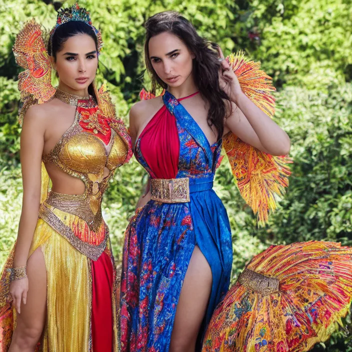 Image similar to portrait of demi rose and gal gadot wearing southeast asian traditional dress, by charlotte grimm, natural light, detailed face, canon eos c 3 0 0, ƒ 1. 8, 3 5 mm, 8 k, medium - format print