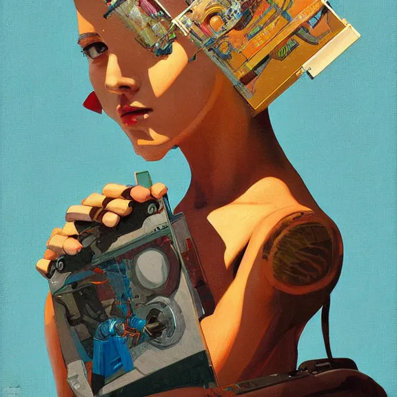 Image similar to robot artist painting a self - portrait on a canvas. intricate, highly detailed, photorealistic, digital matte painting, in the style of alexandros pyromallis, and in the style of sachin teng, and in the style of hans thoma, and in the style of gil elvgren. irony, recursion, golden hour.