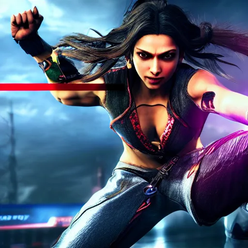 Prompt: deepika padukone in tekken 7, ray tracing, ultra graphics, light and shadows, 4 k uhd