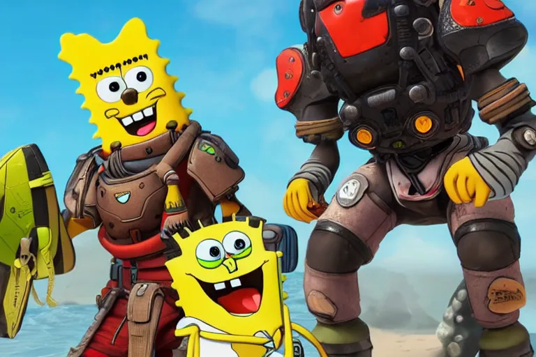 Image similar to loba from apex legends with spongebob in bikini bottom. ingame screenshot, high detail