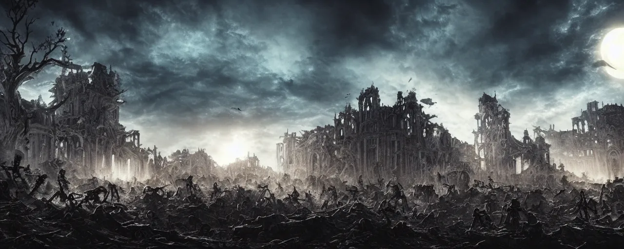 Prompt: hordes of skeletons battling with scifi weapons, at a ruined palace at night, beautiful clouds and trees, moonlight, cinematic lighting, cineovision