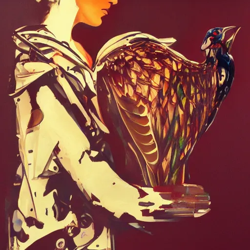 Prompt: mechanical wren robot bird on the shoulder of a monk latin woman, oil on canvas by Yoji Shinkawa and Stina Persson