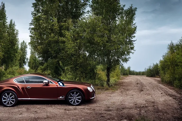 Prompt: modern rusty Bentley Continental GT without gloss drives along the road of an old Russian village with houses at the edges