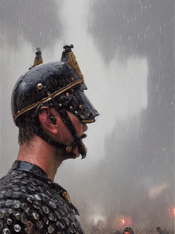 Image similar to an ultradetailed beautiful portrait painting of a roman soldier marching in the rain, side view, oil painting, high resolution, by ilya kuvshinov, greg rutkowski and makoto shinkai
