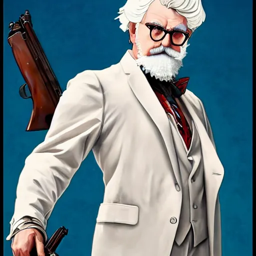 Image similar to a full body portrait of colonel sanders the greek god with a shotgun!! in hell!!! extremely beautiful, anatomically accurate, by artgerm and by greg rutkowski and by alphonse mucha and by simon bisley, radiant light, detailed and intricate environment,
